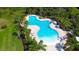 Aerial view of a large, uniquely shaped pool surrounded by palm trees and lounge chairs on a sunny day at 4215 Hollow Stump Run, Palmetto, FL 34221