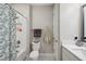 A bathroom featuring a bathtub/shower, toilet, modern vanity and fixtures at 5086 San Martino Dr, Wesley Chapel, FL 33543