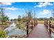 Community pond with bridge, rocks, and landscaped surroundings at 5086 San Martino Dr, Wesley Chapel, FL 33543
