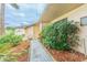 Inviting side yard featuring lush greenery and a cozy walkway leading to the entrance at 1232 Persimmon Dr, Holiday, FL 34691