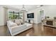 Open living room with modern furnishings, large windows, hardwood floors at 8307 Bluevine Sky Dr, Land O Lakes, FL 34637