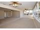 Large living room with neutral carpet, ceiling fans, and expansive windows offering plenty of natural light at 1108 Live Oak Ct, Clearwater, FL 33756