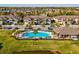 Community pool area with lounge chairs and palm trees, nestled among beautiful townhomes at 11641 Crowned Sparrow Ln, Tampa, FL 33626