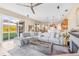 Open-concept living room with a large sectional sofa, fireplace, and view of the backyard at 4315 70Th E Ave, Ellenton, FL 34222