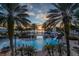 Stunning resort-style pool with palm trees, a slide, and lounge chairs under a colorful sunset at 319 Shore Crab Way, Apollo Beach, FL 33572