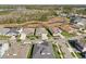 Overhead perspective of a residential area featuring modern homes, well-manicured lawns, and adjacent wooded wetlands at 4521 Tour Trce, Land O Lakes, FL 34638