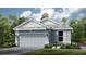Charming single-Gathering home with a two-car garage, gray siding, and a beautifully landscaped front yard at 29525 Velletri Ln, Wesley Chapel, FL 33543
