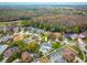 Aerial view showcases a residential neighborhood with mature trees and well-maintained homes, many featuring private pools at 4859 Augusta Ave, Oldsmar, FL 34677