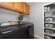 Well organized laundry room with updated appliances, storage, and shelving at 4859 Augusta Ave, Oldsmar, FL 34677