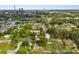 Aerial shot of a residential neighborhood with lush greenery, homes, and Busch Gardens visible in the background at 9307 N 27Th St, Tampa, FL 33612