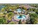 Aerial view of a resort-style pool and spa surrounded by lush landscaping and a paved patio with lounge chairs and shade umbrellas at 10213 Saint Francis Ter, Palmetto, FL 34221
