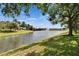 Scenic pond view with fountain, lush greenery, and clear blue sky at 178 Shell Falls Dr, Apollo Beach, FL 33572
