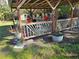 Cozy backyard gazebo with decorative railings, plants, and seating, perfect for outdoor enjoyment at 402 8Th Sw St, Ruskin, FL 33570