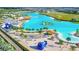 Expansive lagoon with white sand beach, palm trees, and recreational water activities in a Gathering-friendly community at 30753 Penny Surf Loop, Wesley Chapel, FL 33545