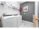 Bright laundry room featuring a modern washer and dryer, shelving, and a gray accent wall at 6002 Thrushwood Rd, Lithia, FL 33547