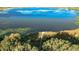 Picturesque aerial view of a pristine lake featuring a dock and lush vegetation along the shoreline at 8261 Ivy Stark Blvd, Wesley Chapel, FL 33545