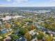 Aerial shot of a leafy neighborhood dotted with houses and a scenic lake nearby at 8693 15Th N St, St Petersburg, FL 33702