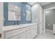 Bathroom featuring a double sink vanity with white cabinets and blue subway tile backsplash at 1205 13Th N St, St Petersburg, FL 33705