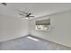 Well-lit bedroom featuring neutral carpet, a modern ceiling fan, and a large window for natural light at 1832 Bough Ave # 3, Clearwater, FL 33760