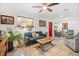 Comfortable living room with a vibrant blue sofa, modern decor, natural light, and a clear view into the sitting area at 1110 S Pine Lake Dr, Tampa, FL 33612