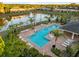 Aerial view of a community pool area with lounge chairs and palm trees overlooking a pond at 12812 Buffalo Run Dr, Gibsonton, FL 33534