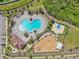 Birds eye view of a resort-style community pool and playground with lush, mature landscaping at 13822 Carlow Park Dr, Riverview, FL 33579