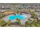 Aerial view of a community pool with lounge chairs, tables, mature landscaping, and a covered picnic area at 13822 Carlow Park Dr, Riverview, FL 33579