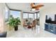 Bright dining area boasts city views and a stylish ceiling fan at 1600 Gulf Blvd # 817, Clearwater Beach, FL 33767