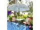 Inviting patio featuring a leaf-patterned umbrella, glass table, and chairs with vibrant cushions surrounded by greenery at 2205 Belleair Rd # A7, Clearwater, FL 33764
