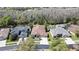 Aerial view of three homes in a suburban neighborhood with mature trees and well-manicured lawns at 3033 Marble Crest Dr, Land O Lakes, FL 34638