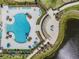 An aerial view of a community pool with lounge seating and lake views at 13549 Willow Bluestar Loop, Riverview, FL 33579