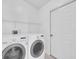 Clean and functional laundry room with modern washer and dryer units, shelving, and a door at 1996 Promenade Way, Clearwater, FL 33760