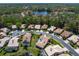 An aerial view of homes around a lake in a lush, green neighborhood featuring mature trees and well-maintained landscaping at 3639 Darston St, Palm Harbor, FL 34685