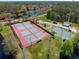 Aerial view of community tennis and basketball courts, playground, and green spaces nestled near a tranquil lake at 3639 Darston St, Palm Harbor, FL 34685