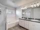 Bright bathroom featuring a shower, soaking tub, and double vanity with a dark countertop at 4426 Brandon Ridge Dr, Valrico, FL 33594