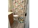 A bathroom with light brown cabinets, white toilet and sink, and colorful fish patterned shower curtain at 5553 Baywater Dr, Tampa, FL 33615