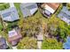 Aerial view of a cozy home nestled amongst lush trees in a charming neighborhood with well-manicured lawns at 2124 Crowsnest Dr, Palm Harbor, FL 34685