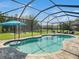 A screened-in swimming pool featuring a clear blue pool, stone pavers, and an umbrella table at 6617 Park Strand Dr, Apollo Beach, FL 33572
