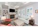 Cozy living room with fireplace, built-in bookshelves, and comfortable seating, ideal for relaxation at 6644 Par Ct, Wesley Chapel, FL 33544