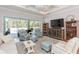 Bright living room with pool view, coffered ceilings, comfortable seating, and stylish decor at 6644 Par Ct, Wesley Chapel, FL 33544