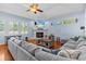 Spacious living room features a stone fireplace, tray ceiling, and hardwood floors at 2309 Valrico Forest Dr, Valrico, FL 33594