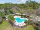 This is an aerial shot of the community pool and surrounding seating area, with mature trees around it at 3002 Mojave Oak Dr, Valrico, FL 33594