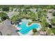 An aerial shot showcases a uniquely shaped community pool and recreation area, surrounded by tropical landscaping at 34311 Evergreen Hill Ct, Wesley Chapel, FL 33545