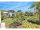 Backyard showcasing lush landscaping, a white outbuilding, and a wooden pergola at 4227 Porpoise Se Dr, St Petersburg, FL 33705