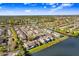 Aerial of a lakeside community featuring manicured lawns, well-maintained buildings, and serene water views at 435 Kensington Lake Crk, Brandon, FL 33511