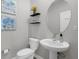 Powder bathroom features a round mirror, pedestal sink, flower art, and floating shelves at 9817 Coneflower Ct, Land O Lakes, FL 34637