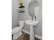 Bathroom features a modern sink with a pedestal, toilet, decor, and floating shelves at 9817 Coneflower Ct, Land O Lakes, FL 34637