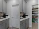 Pantry features a door, white countertops and gray cabinets and shelving units at 9817 Coneflower Ct, Land O Lakes, FL 34637