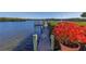 Wooden dock leading out to the water with lush greenery and a potted plant on the side at 1196 Gandy Crest Ne Dr, St Petersburg, FL 33702