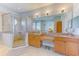Bright bathroom with glass enclosed shower, dual sinks, and large vanity mirror at 250 Seagate Ct, Dunedin, FL 34698